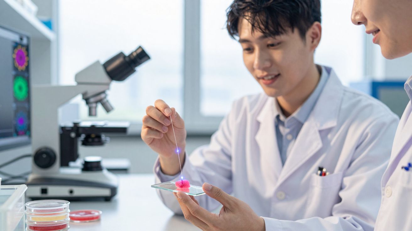 Dois cientistas em jalecos manipulando amostra em lâmina de vidro em laboratório com microscópio ao fundo.