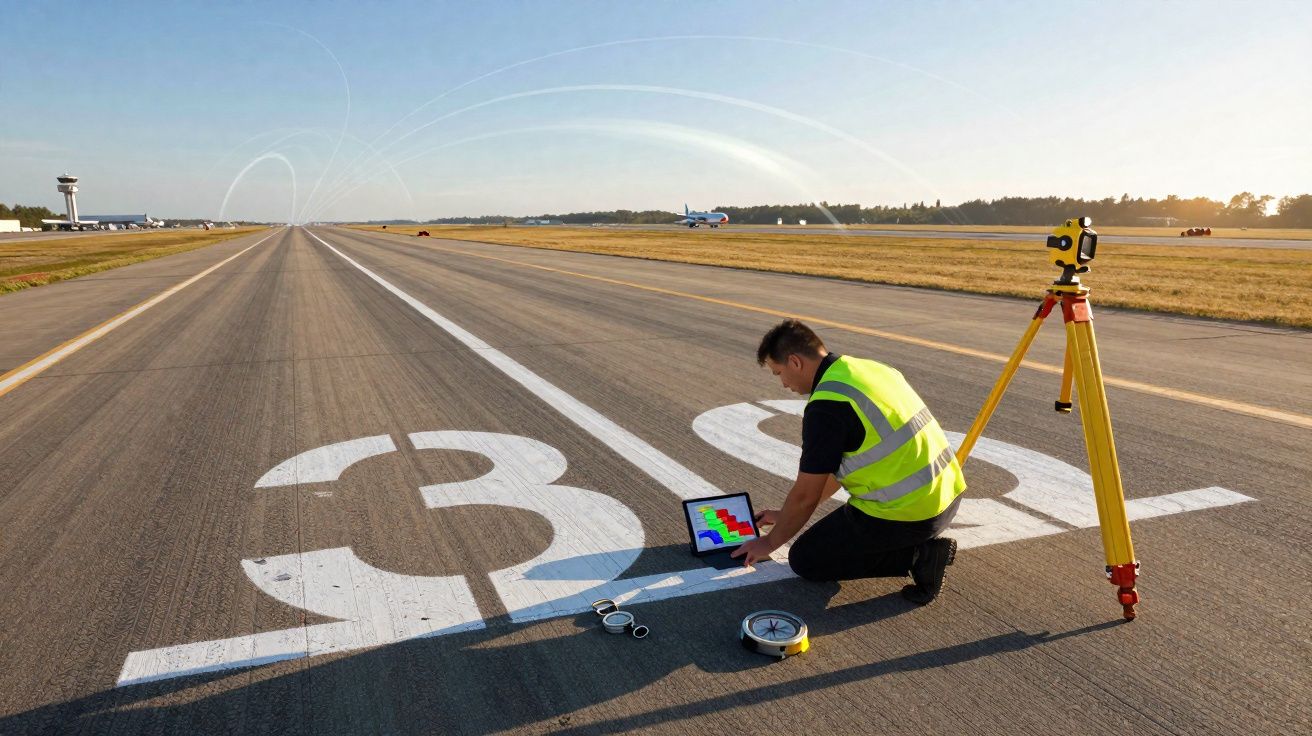 Homem com colete refletivo usa laptop ao lado de equipamento de medição em pista de aeroporto sob céu claro.