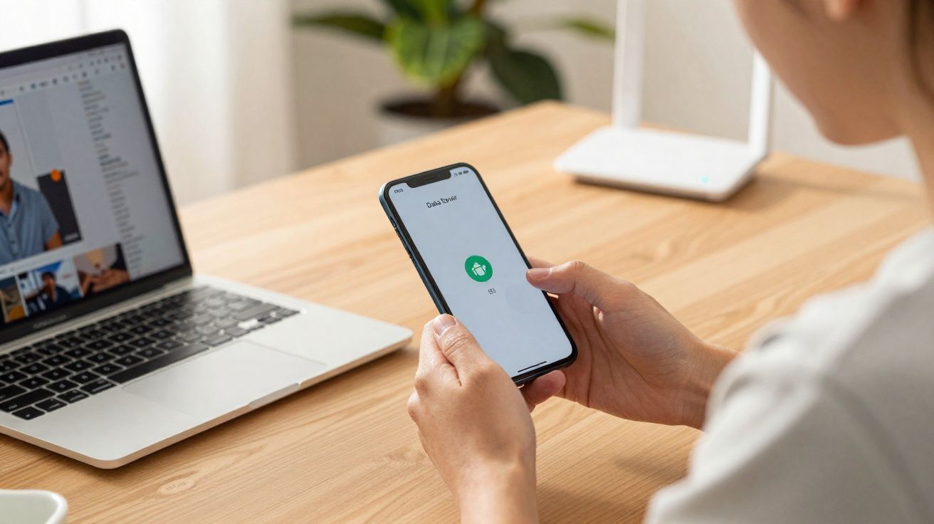 Pessoa segurando smartphone com chamada em espera, ao lado de notebook em vídeo chamada sobre mesa de madeira.
