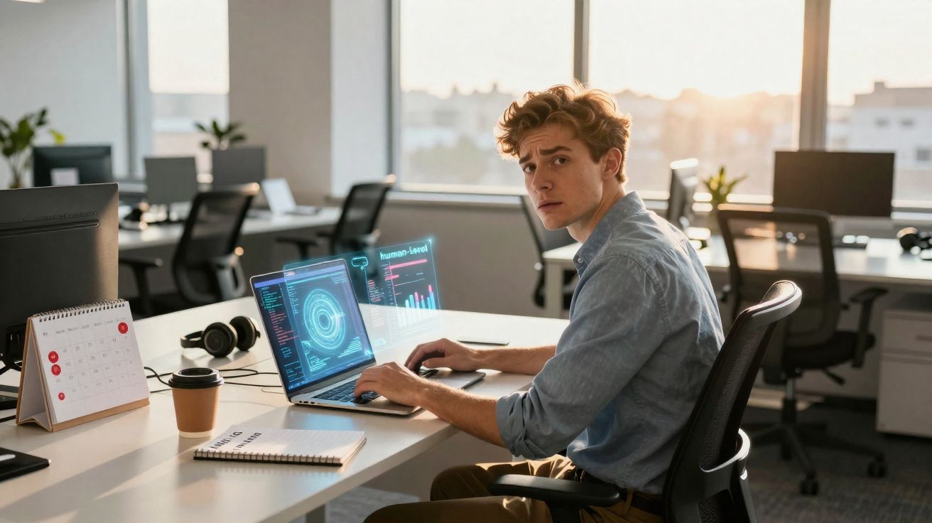 Jovem sentado em escritório moderno usando laptop com gráficos holográficos, olhando para trás.