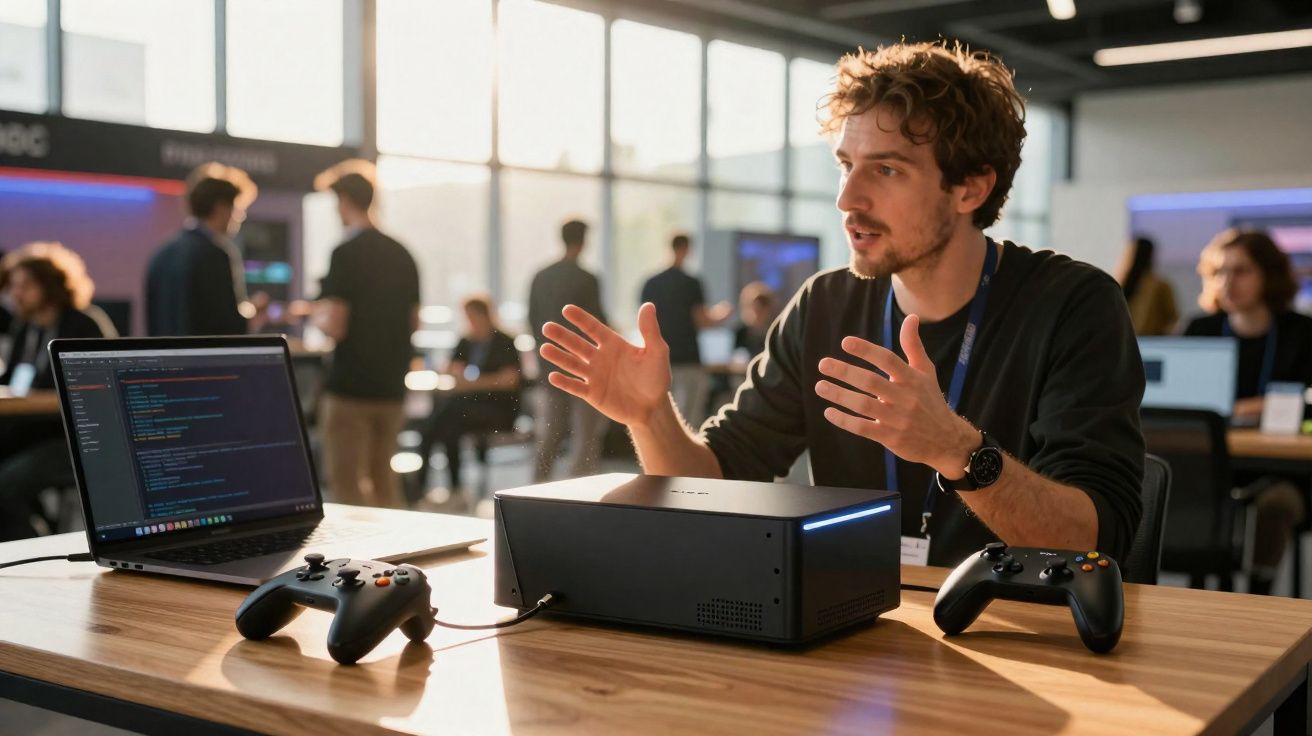 Homem explicando projeto de videogame com dois controles e laptop em mesa dentro de ambiente colaborativo.