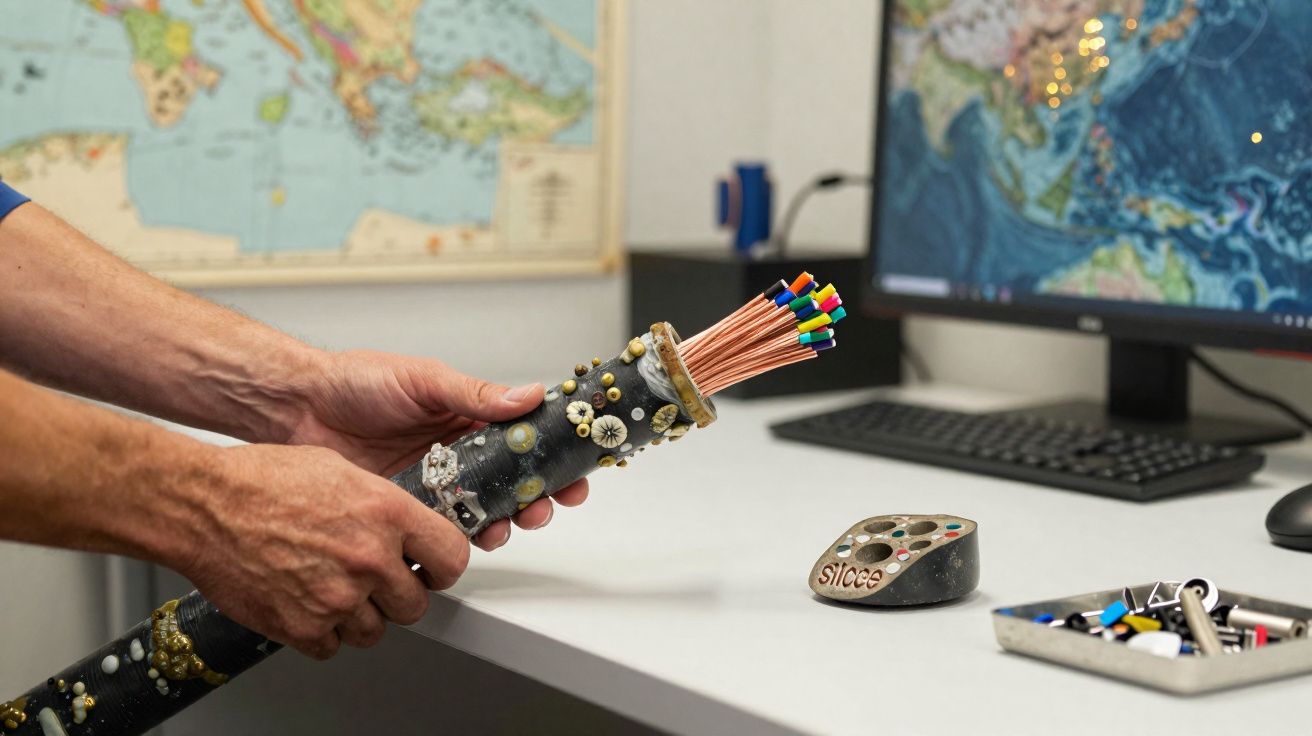 Mãos segurando cabo submarino decorado com sensores coloridos ao lado de computador com mapa oceânico na tela.