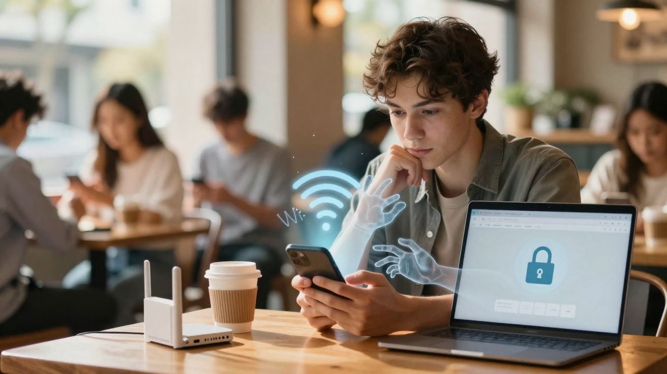 Jovem em cafeteria usando celular e laptop com ícone de cadeado e sinal de Wi-Fi holográfico.