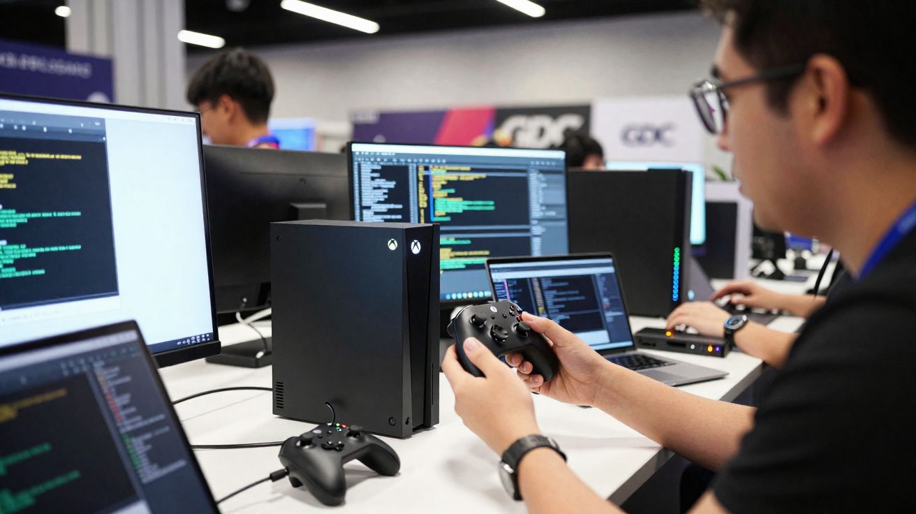 Pessoa segurando controle de Xbox, com consoles e monitores exibindo códigos em sala de programação.