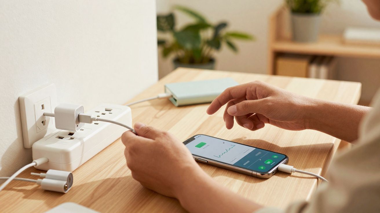 Pessoa conectando cabo para carregar celular em tomada próxima a mesa de madeira com planta no fundo.
