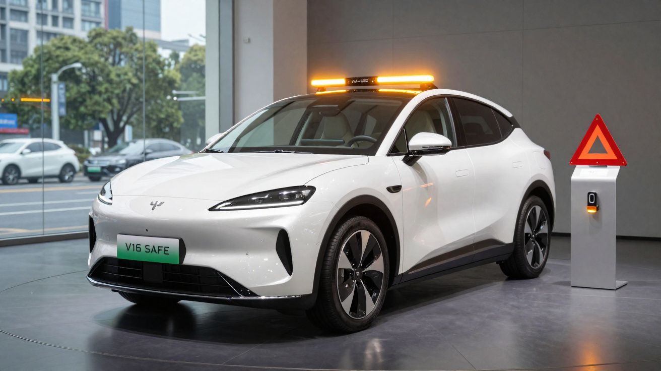 Carro elétrico branco com luzes de emergência amarelas no teto e placa verde escrito V16 SAFE em exposição interna.