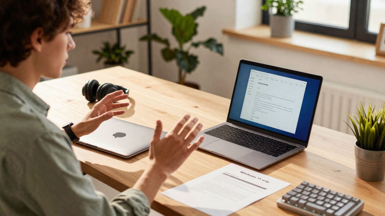Pessoa em reunião virtual à mesa com laptop aberto, fones, documento e planta decorativa ao fundo.