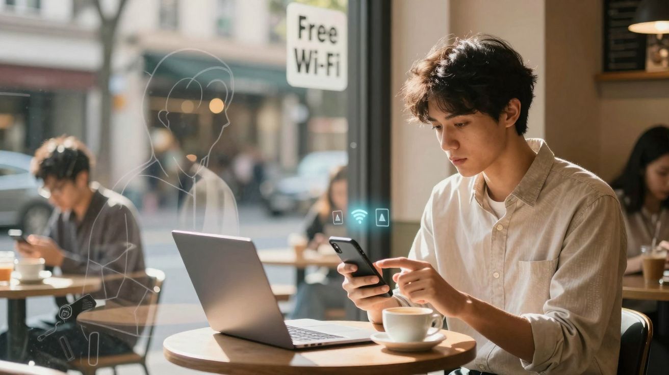 Jovem usa celular e laptop em cafeteria com sinal de Wi-Fi grátis ao fundo.