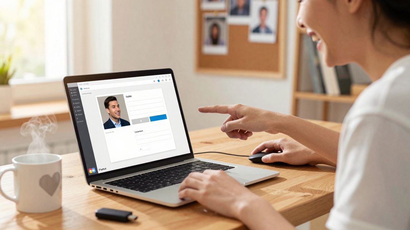 Pessoa usando laptop fazendo cadastro com foto, ao lado de xícara de café fumegante numa mesa de madeira.