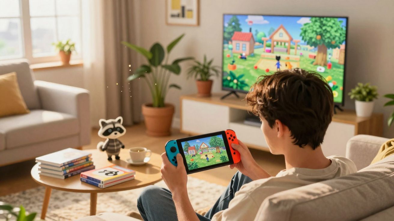 Jovem sentado no sofá jogando Nintendo Switch com jogo exibido na TV e console em mãos.