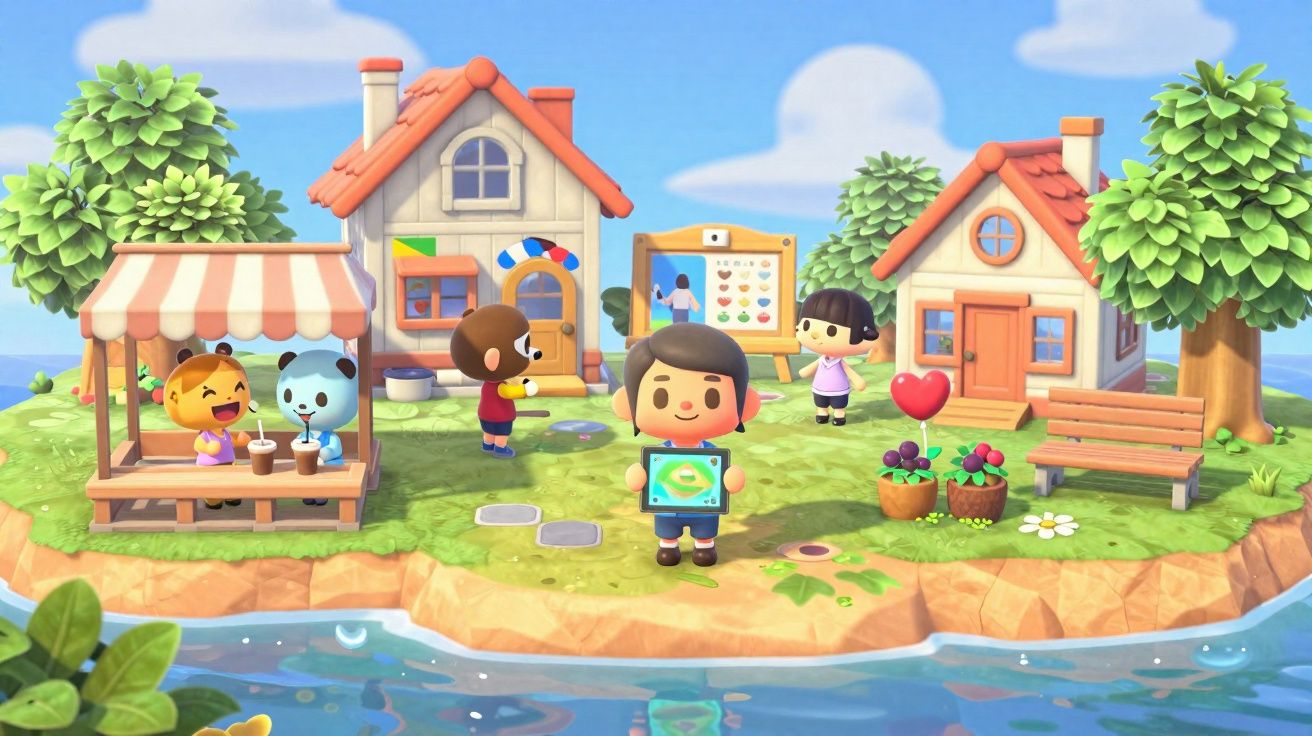 Personagens de jogo Animal Crossing em ilha com casas, árvores, banco e rio, sob céu azul.