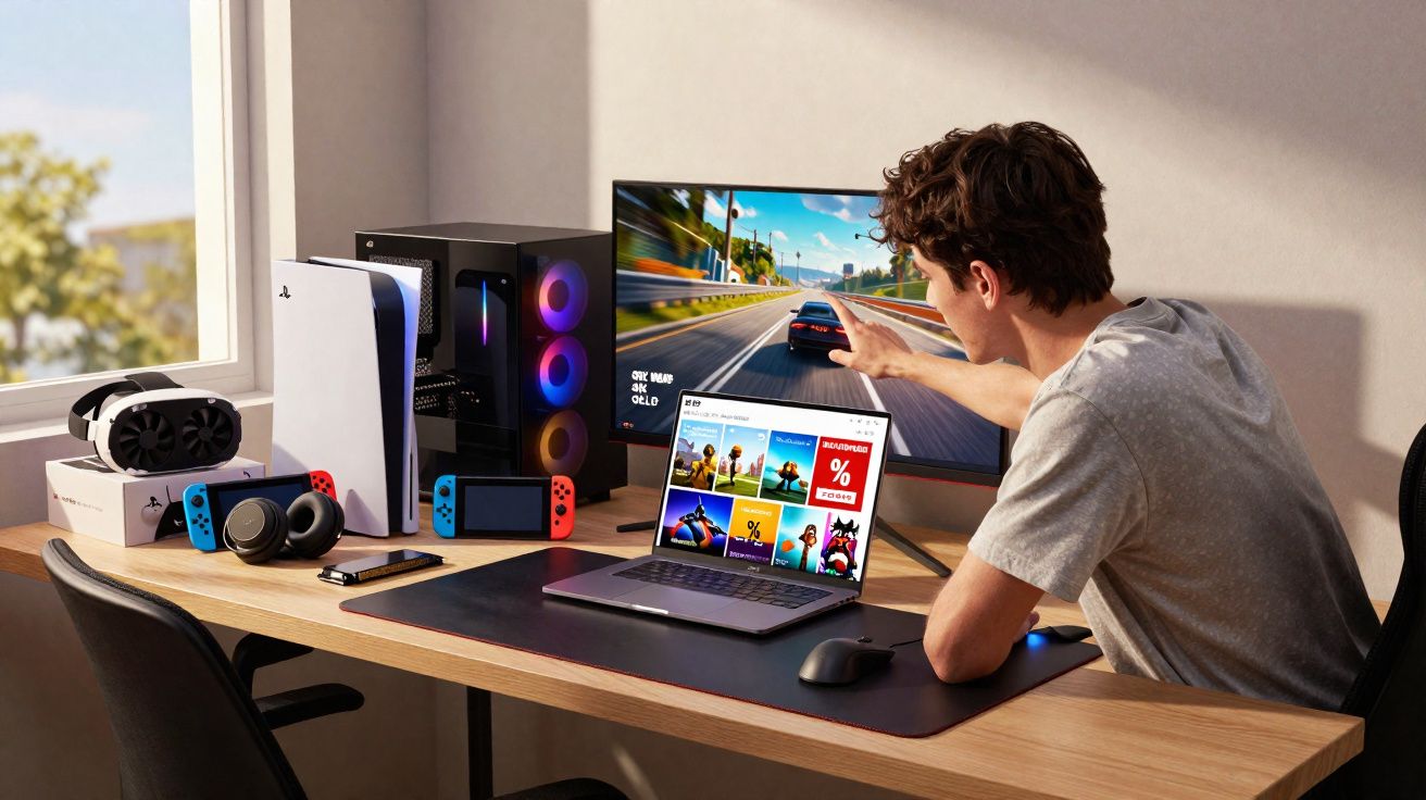 Jovem jogando jogo de corrida em monitor com setup gamer, laptop e acessórios em mesa perto da janela.