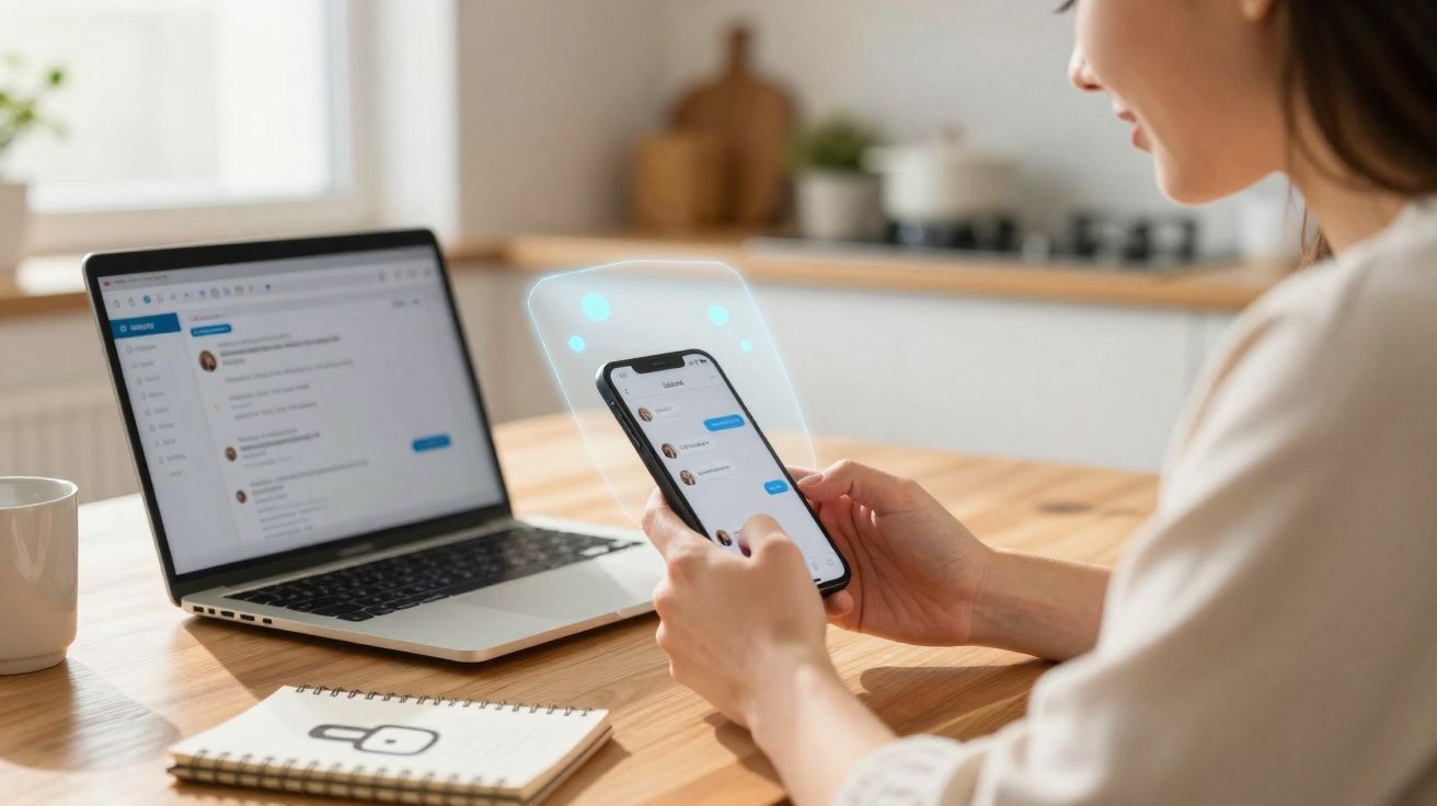 Pessoa usando smartphone e notebook para mensagens em ambiente claro e organizado em casa.