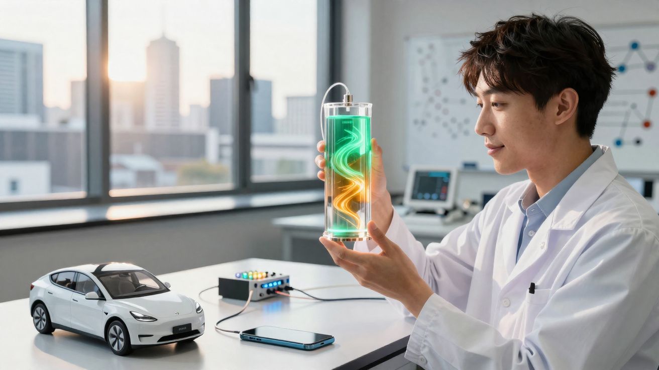 Cientista em laboratório segurando célula de energia futurística com luzes coloridas, carro elétrico e celular na mesa.