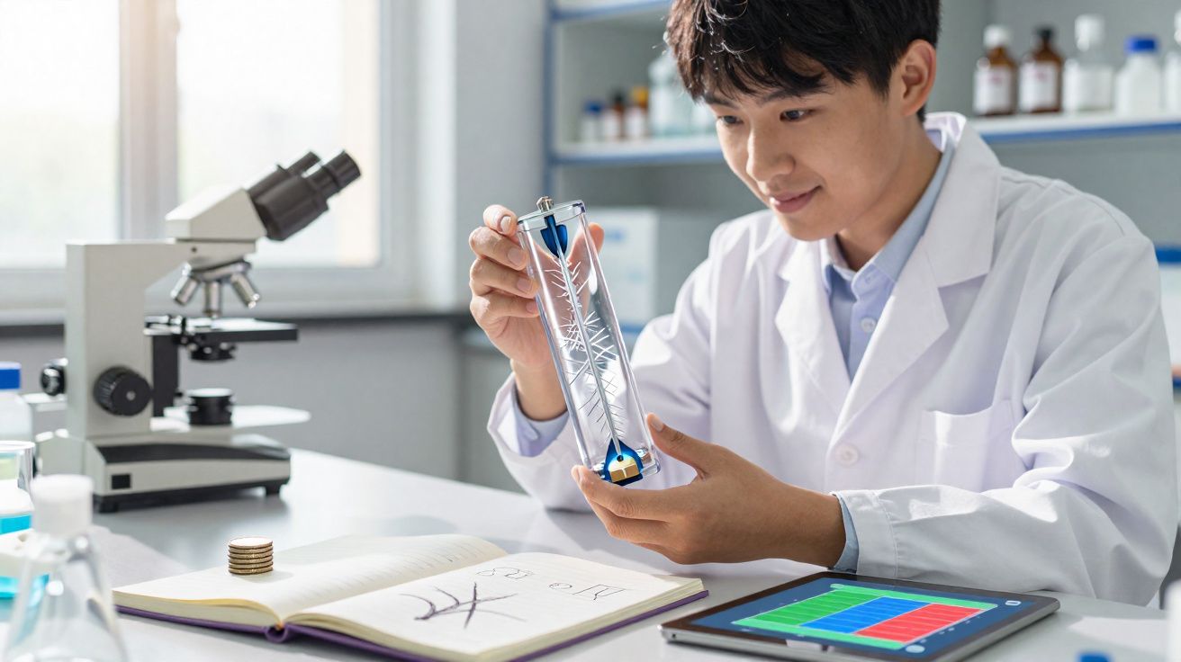 Jovem cientista em laboratório segurando instrumento enquanto analisa dados em tablet e livro aberto.