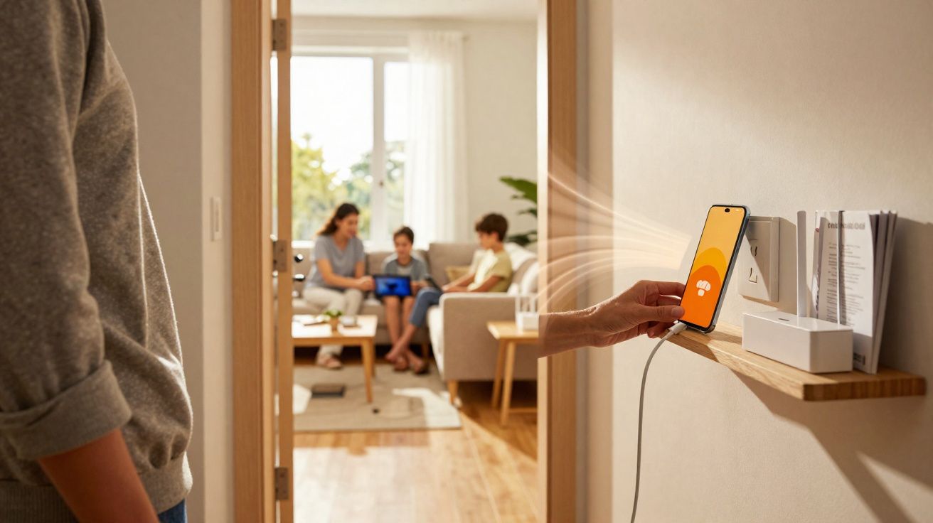 Pessoa segurando celular conectado a tomada em prateleira, com família conversando ao fundo na sala iluminada.