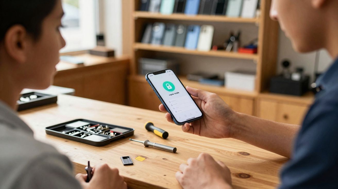 Pessoa segurando celular com tela de login na frente de outra pessoa em mesa com ferramentas e peças eletrônicas.