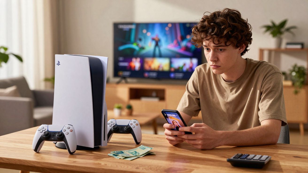 Jovem sentado à mesa com celular, videogame PlayStation 5, controles, dinheiro e calculadora ao redor.
