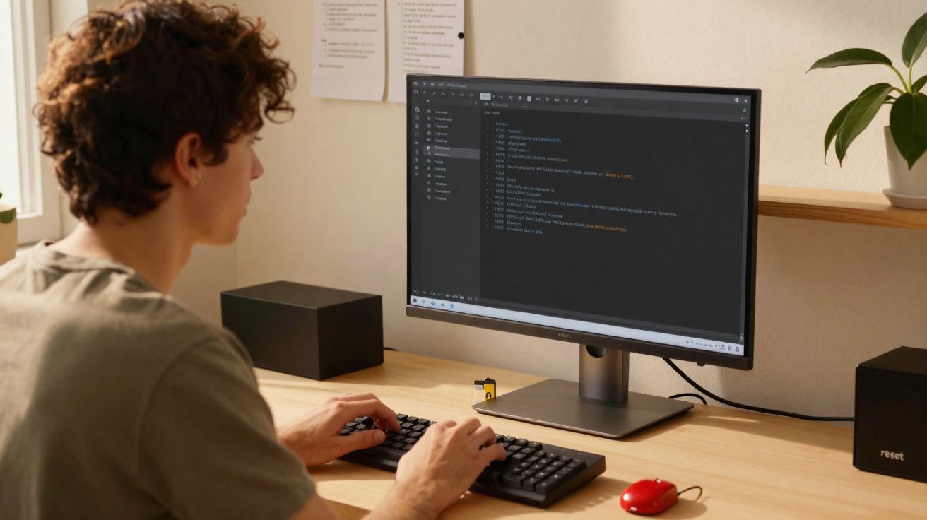 Pessoa digitando código em computador desktop em mesa organizada com caixas pretas e planta.