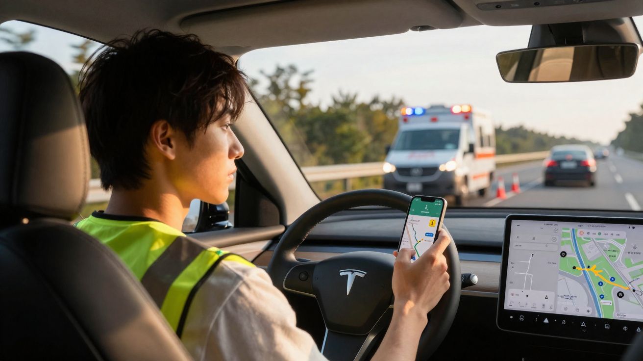 Pessoa dirigindo carro Tesla segurando celular com GPS, ambulância parada na estrada à frente.