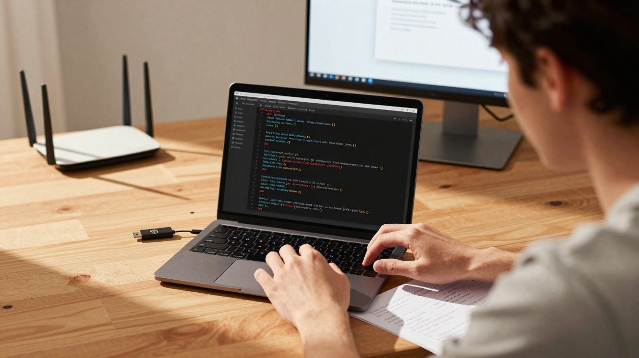 Pessoa programando em notebook com código em editor de texto, mesa de madeira e roteador ao fundo.