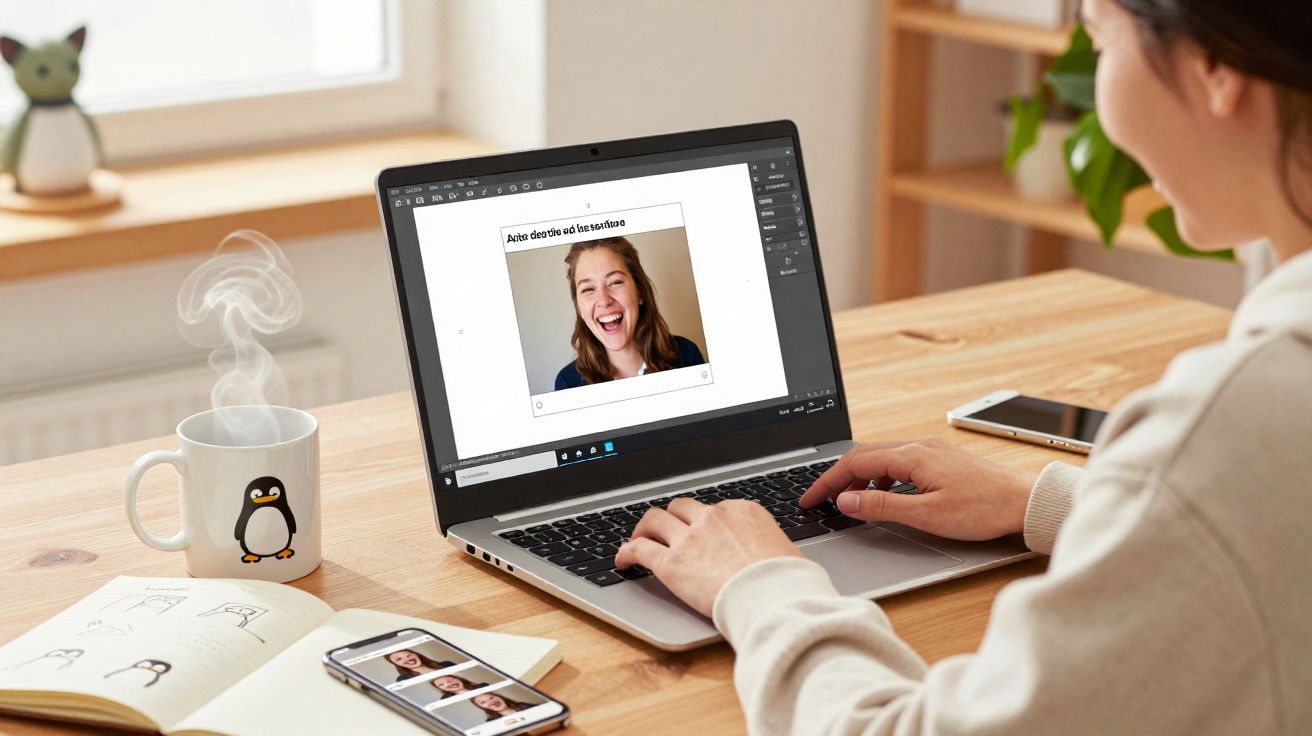 Pessoa digitando em laptop com foto de mulher sorridente na tela, ao lado de celular, caderno e xícara fumegante.