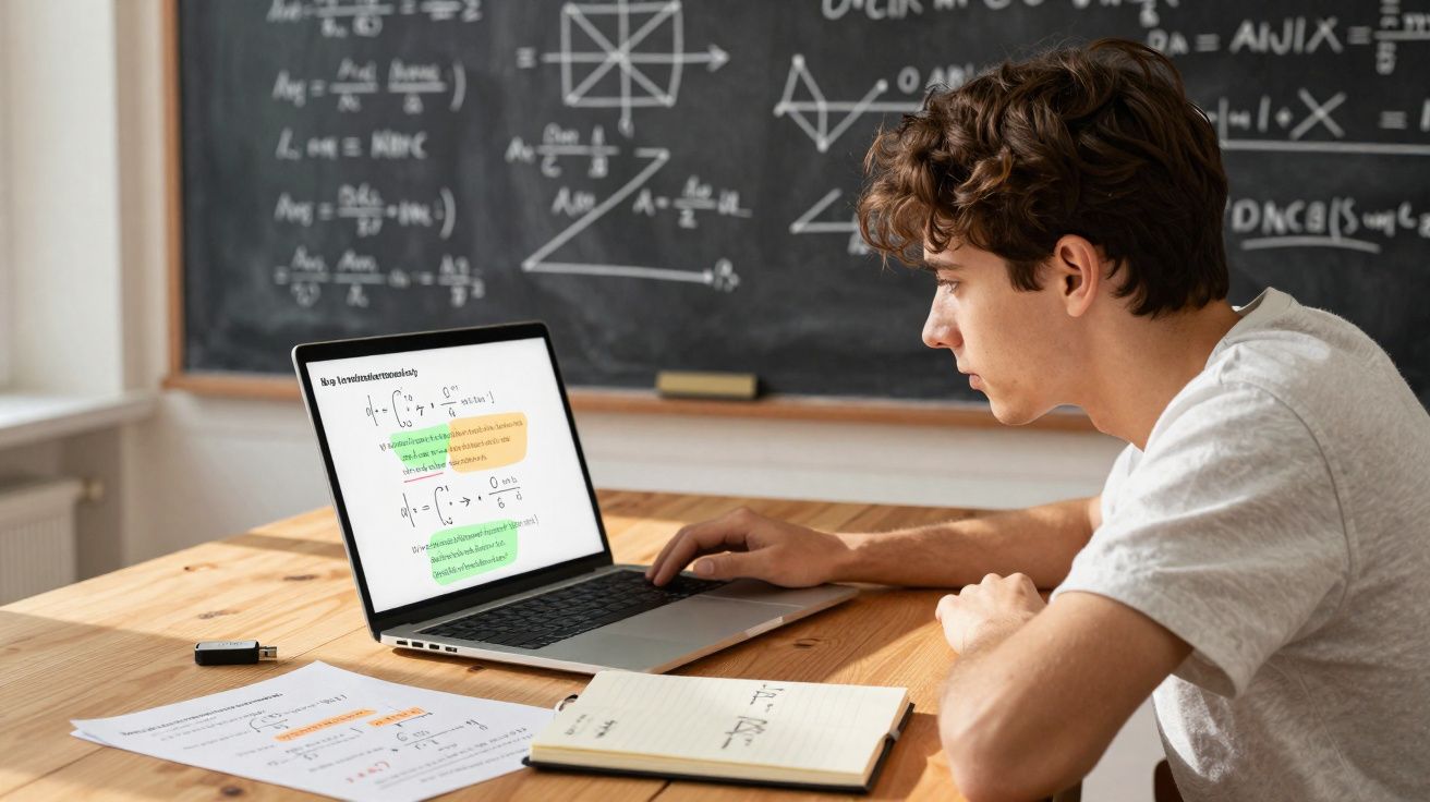 Estudante concentrado em cálculos matemáticos no laptop, com anotações e quadro-negro ao fundo.