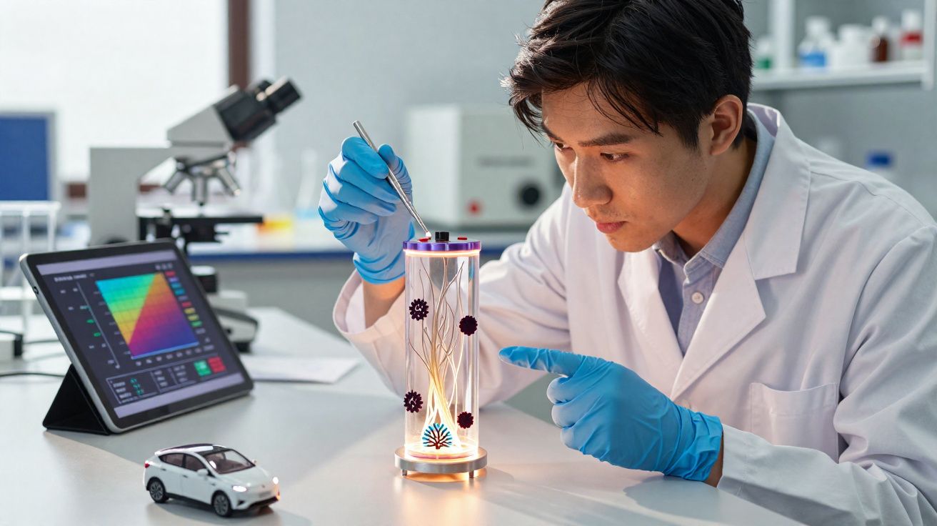 Pesquisador em laboratório manipula amostra luminosa dentro de tubo transparente com pinça e luvas azuis.