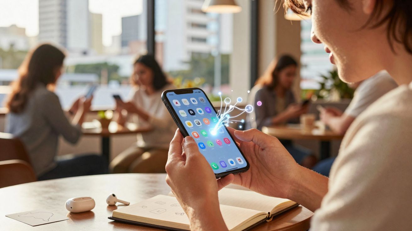 Pessoa usando smartphone com ícones de aplicativos brilhando, em cafeteria com outras pessoas usando celulares ao fundo.