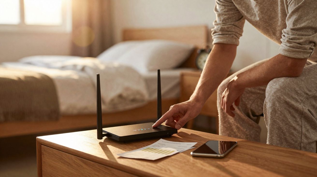 Pessoa ajusta roteador Wi-Fi em mesa de madeira ao lado de celular e documentos, em ambiente de quarto.
