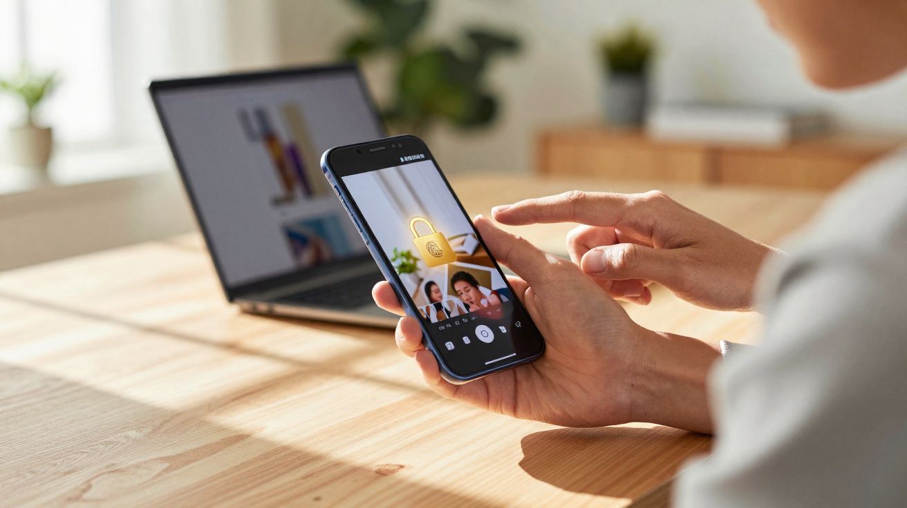 Pessoa segurando smartphone com videochamada e ícone de cadeado na tela, ao lado de notebook em mesa de madeira.