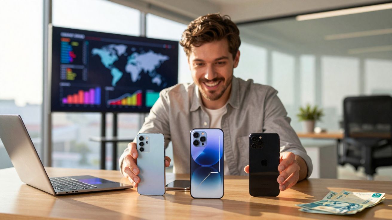 Homem sorridente mostrando três smartphones modernos em mesa com laptop e dinheiro em escritório.