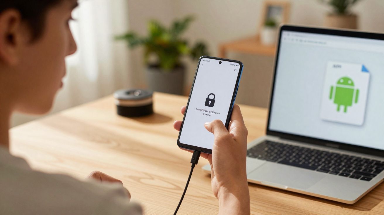 Pessoa segurando smartphone conectado a laptop, tela mostra mensagem de desbloqueio seguro do portfólio.