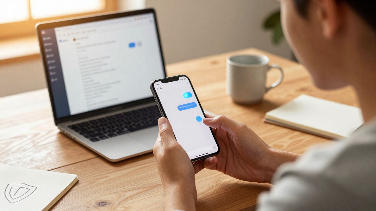 Pessoa usando smartphone com mensagens em app, notebook, caneca e caderno sobre mesa de madeira.