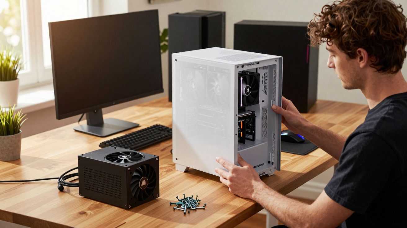 Homem montando computador branco em mesa com monitor, teclado, fonte e parafusos.