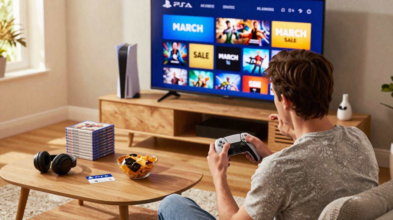 Jovem sentado em sofá jogando videogame com controle em mãos e TV exibindo menu de promoções.