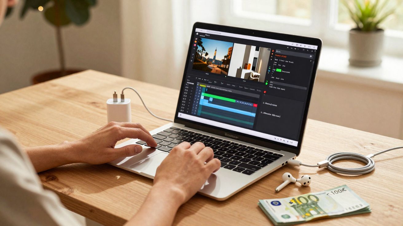 Pessoa editando vídeo em notebook sobre mesa de madeira com dinheiro, fone de ouvido e carregador.