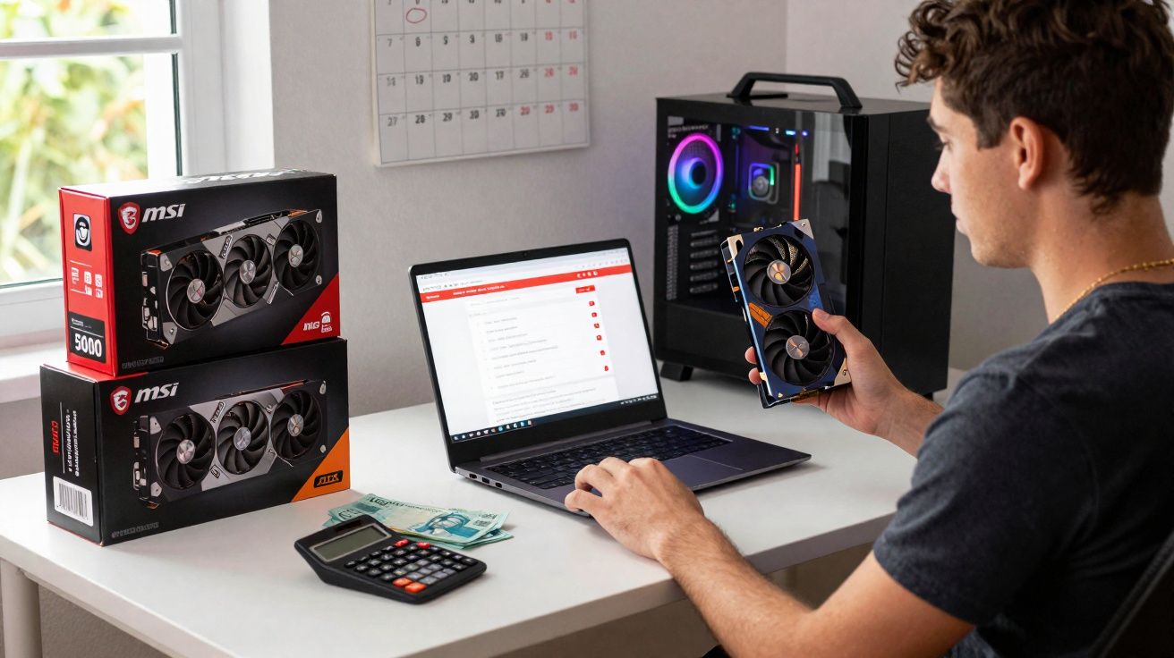 Homem sentado à mesa com placa de vídeo, laptop aberto, calculadora, dinheiro e caixas de hardware MSI.