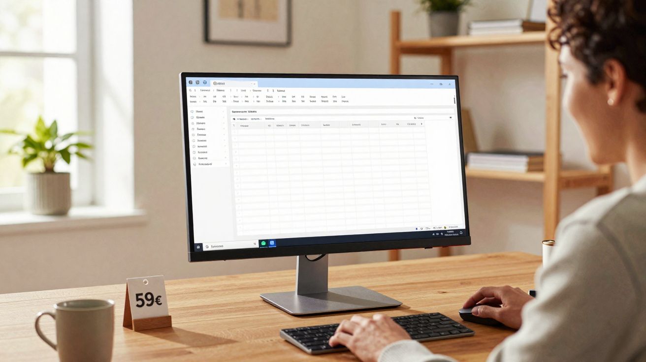 Pessoa usando computador em uma mesa de madeira com planilha aberta na tela e caneca ao lado.