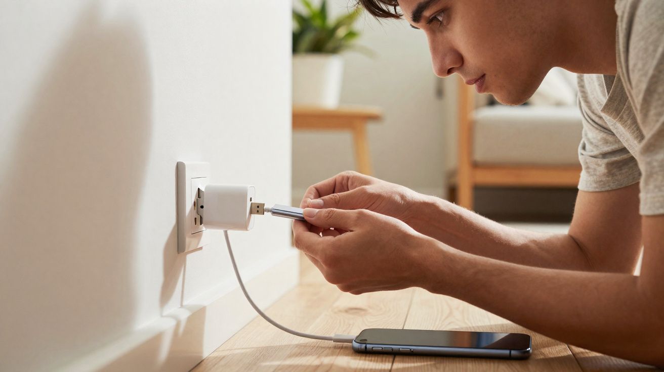 Homem conecta carregador em tomada enquanto smartphone está apoiado no chão em ambiente interno.