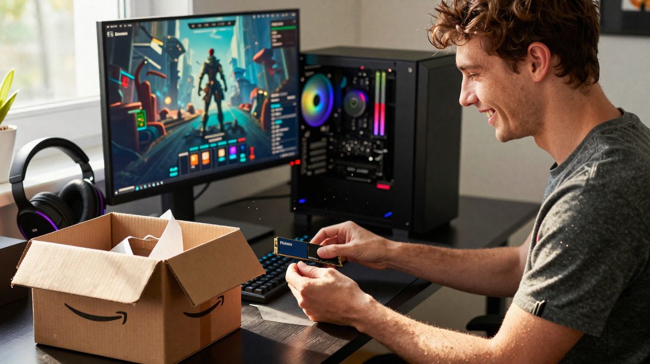 Homem instalando um módulo de memória RAM em um computador gamer montado em uma mesa.