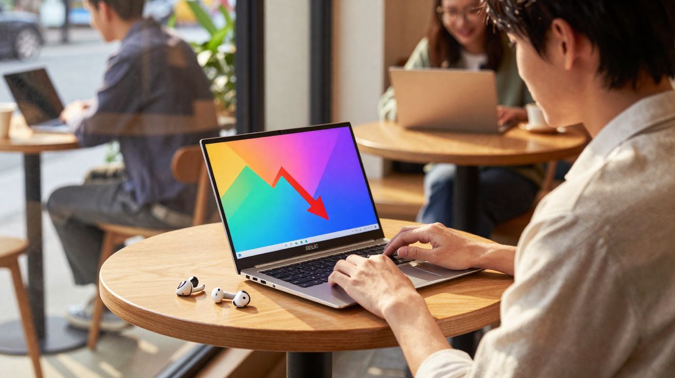 Pessoa usando laptop com gráfico de seta vermelha apontando para baixo em mesa de cafeteria.