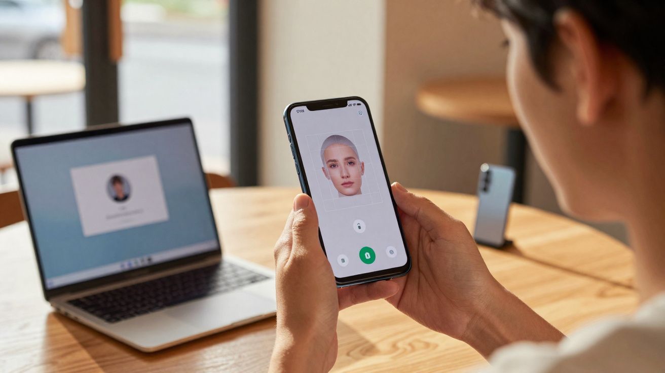 Pessoa segurando celular com aplicativo aberto para reconhecimento facial, laptop aberto ao fundo em mesa de madeira.