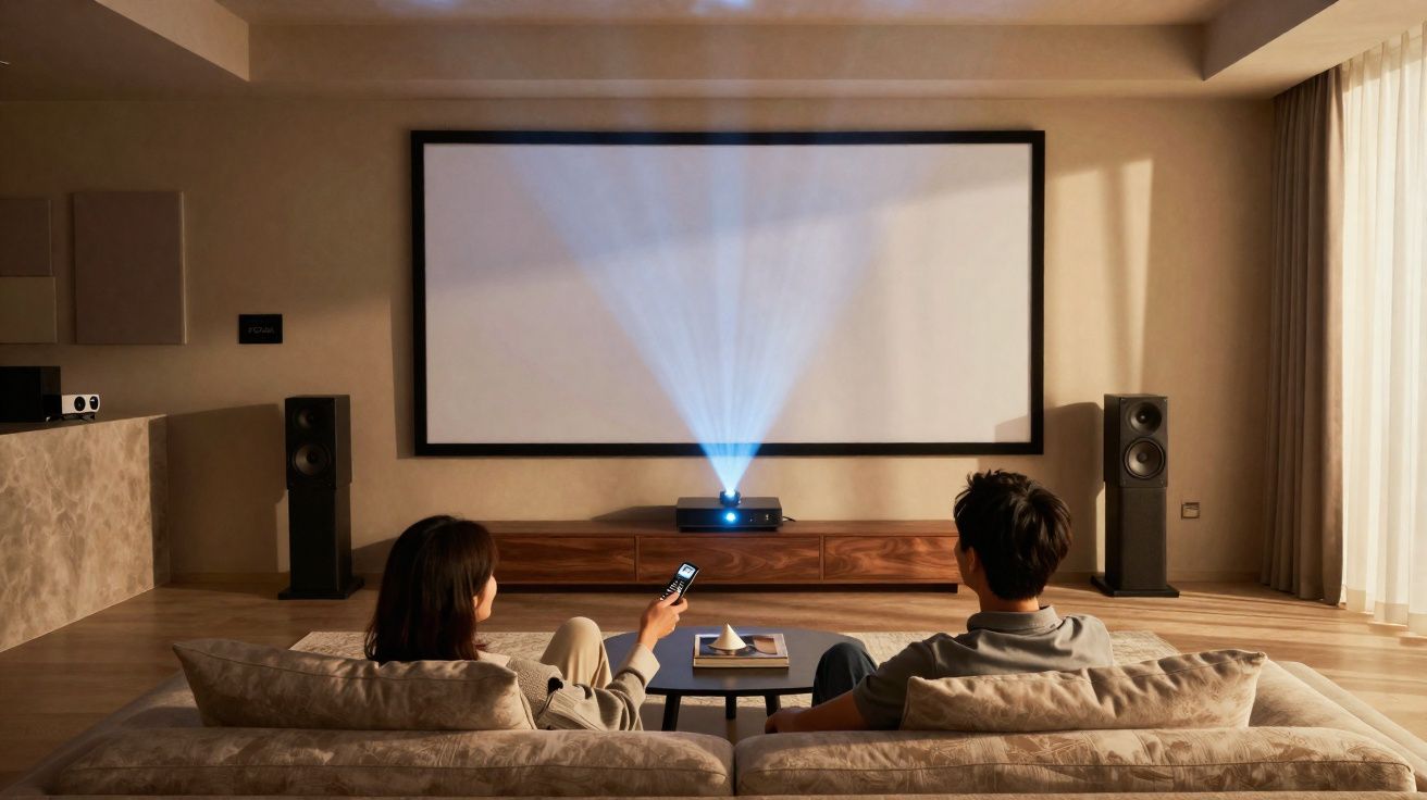 Casal assistindo filme com projetor em sala de estar moderna, sofá bege e tela grande branca.