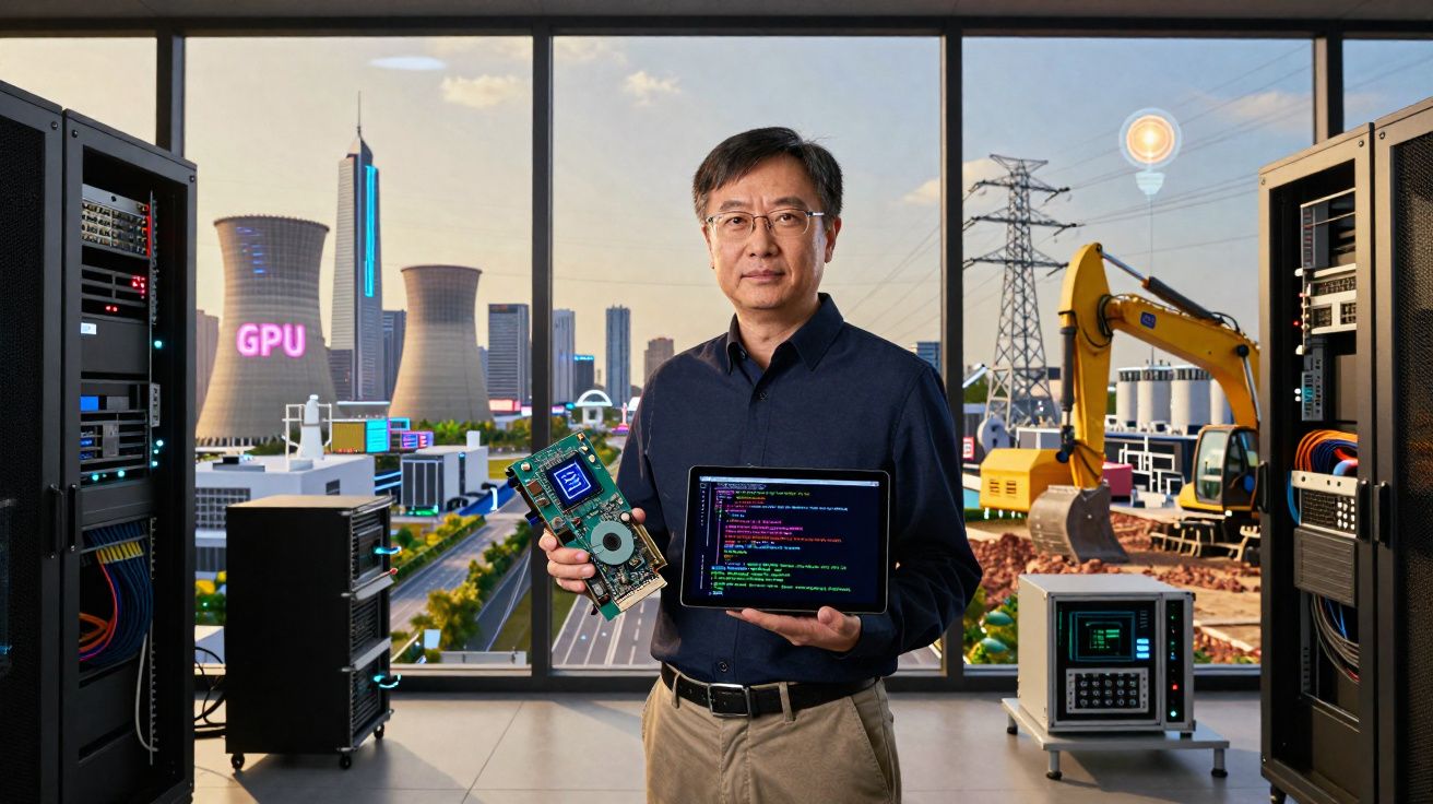 Homem em escritório seguro segurando placa de circuito e tablet com código, paisagem tecnológica ao fundo.