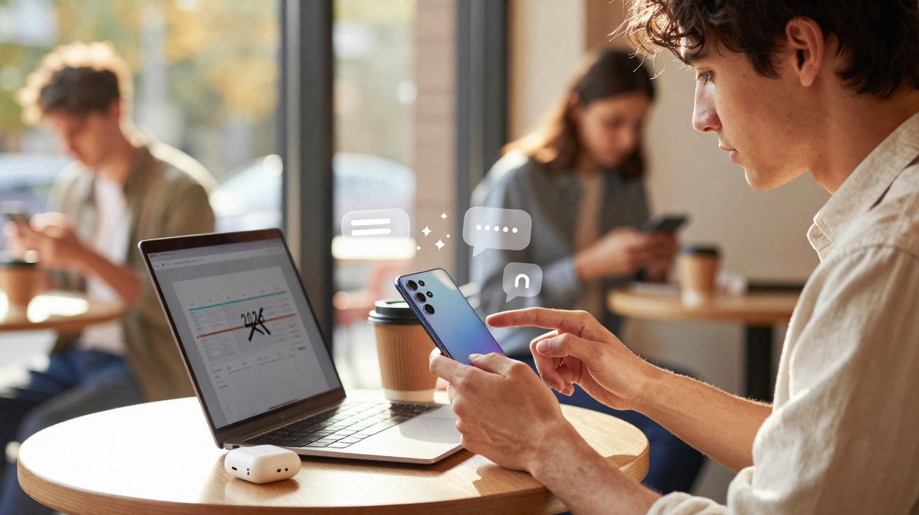 Jovem usando smartphone e laptop em cafeteria, com duas pessoas ao fundo também usando celulares.