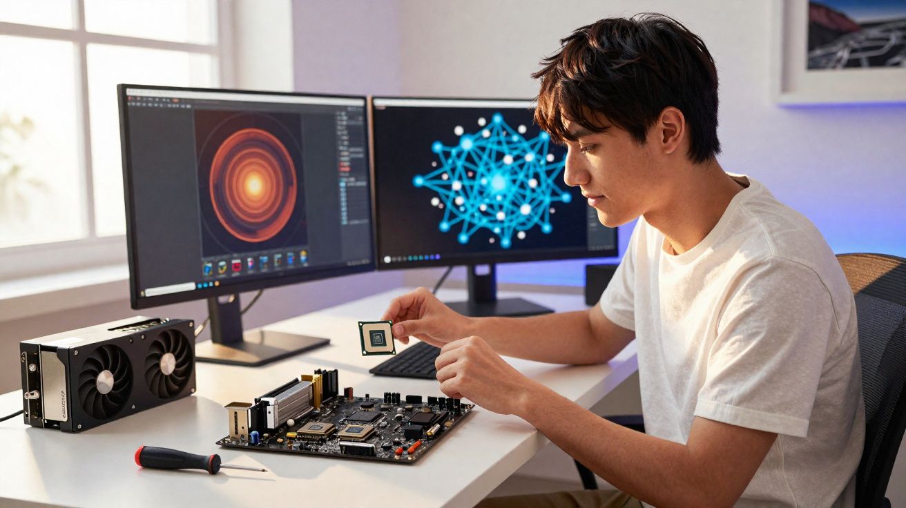 Jovem instala processador em placa-mãe com dois monitores exibindo gráficos na mesa de trabalho.