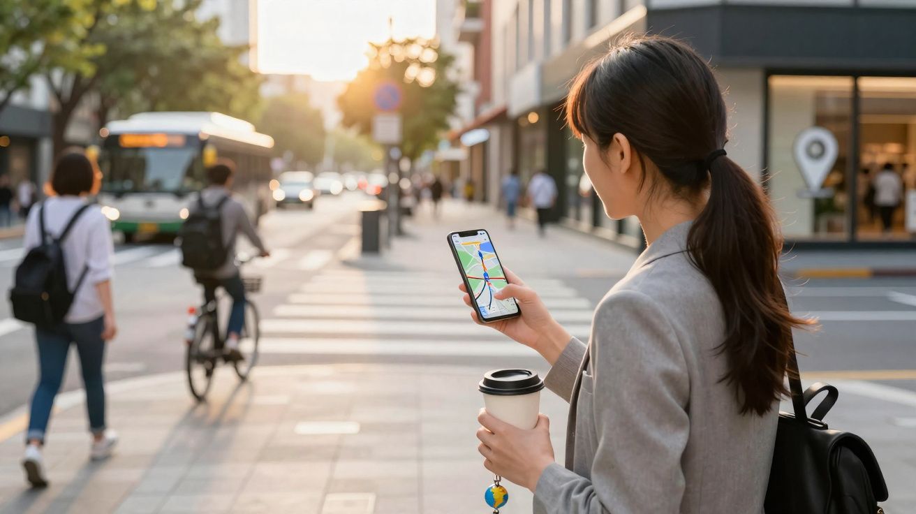 Mulher segura café e celular com mapa de navegação em pé na calçada de rua movimentada ao entardecer.