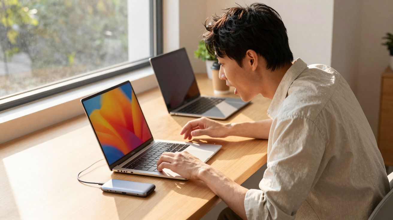 Jovem sorrindo e usando laptop em mesa de madeira próxima à janela com luz natural.