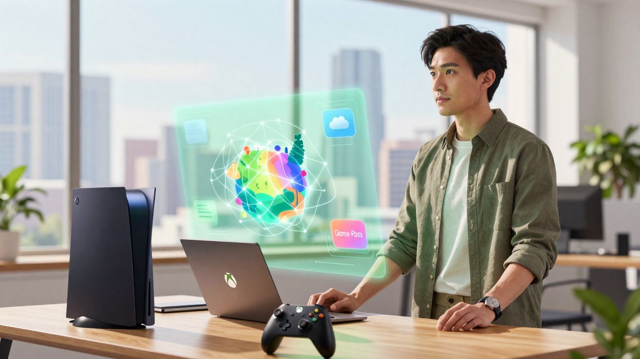 Homem interagindo com holograma digital ao lado de console Xbox e controle em escritório moderno.